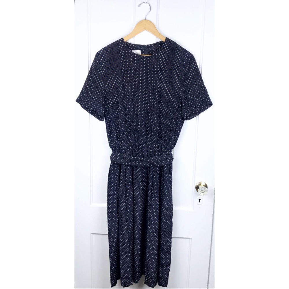 VINTAGE : Leslie Fay : size : 16 : polka-dot Pleated summer fall Tie Dress